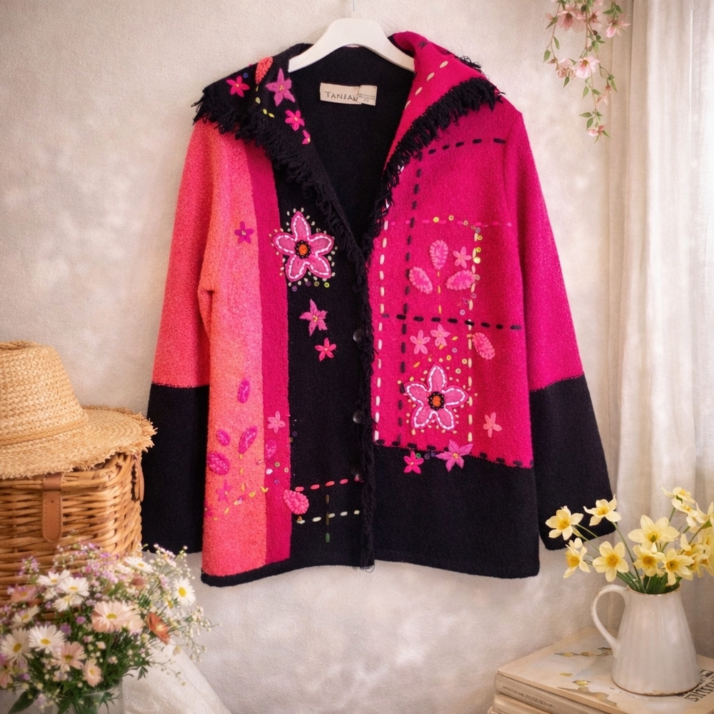Vintage Tanjay Patchwork Embroidered Floral Cardigan Boho Art Sweater S